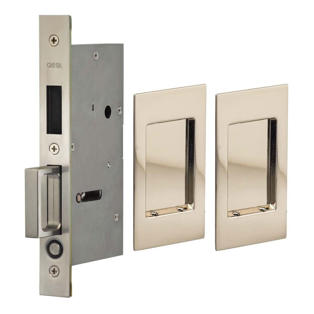 Small Modern Rectangle Dummy Pair Pocket Door Mortise Hardware in Polished Polished Nickel Lacquered