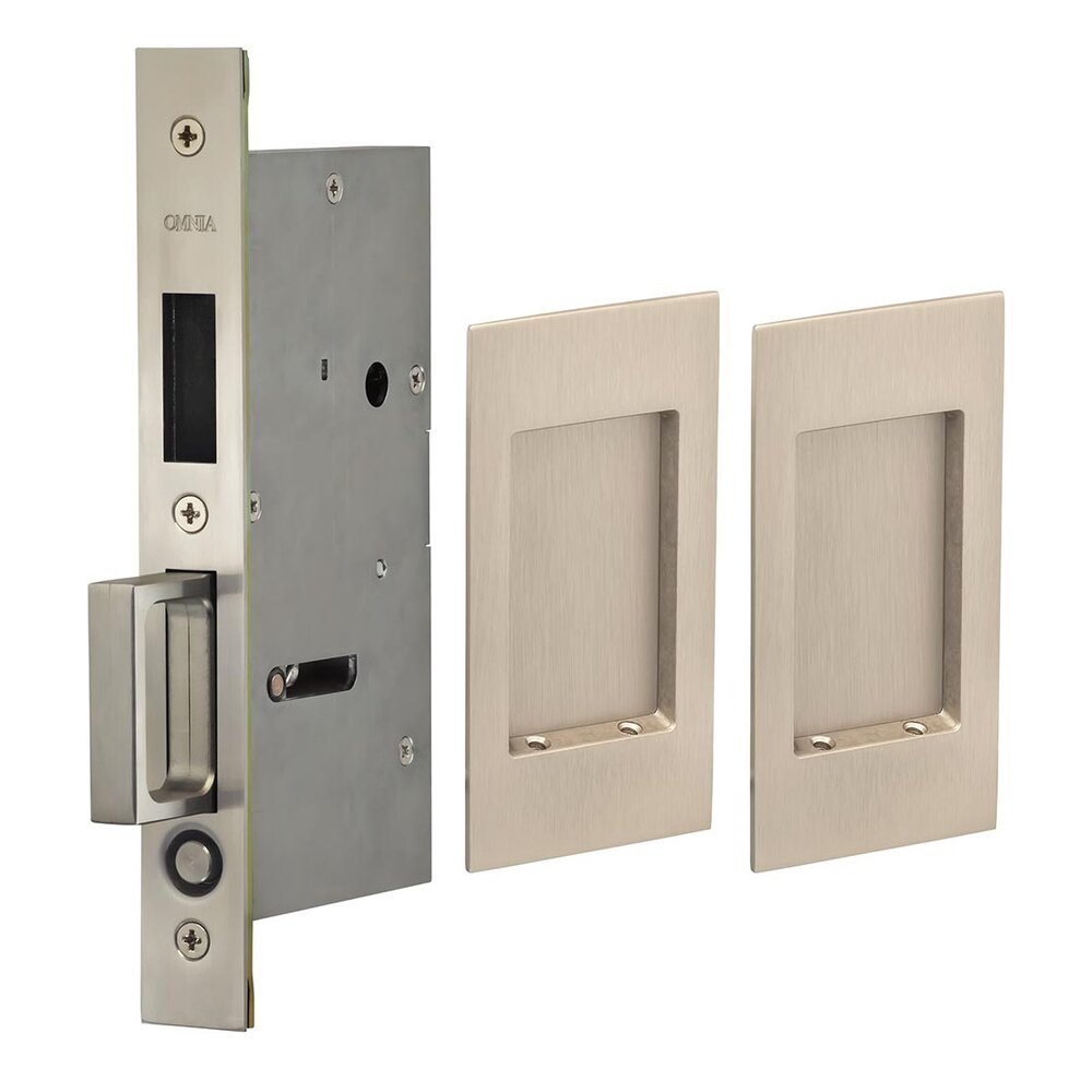 Small Modern Rectangle Dummy Pair Pocket Door Mortise Hardware in Satin Nickel Lacquered