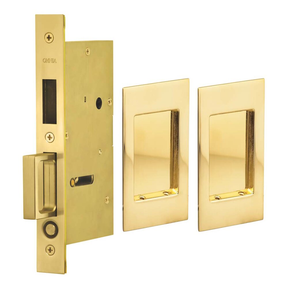 Small Modern Rectangle Dummy Pair Pocket Door Mortise Hardware in Polished Brass Lacquered