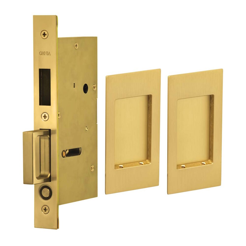 Small Modern Rectangle Dummy Pair Pocket Door Mortise Hardware in Satin Brass Lacquered