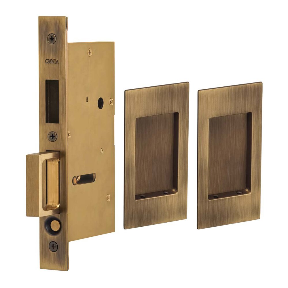 Small Modern Rectangle Dummy Pair Pocket Door Mortise Hardware in Antique Brass Lacquered