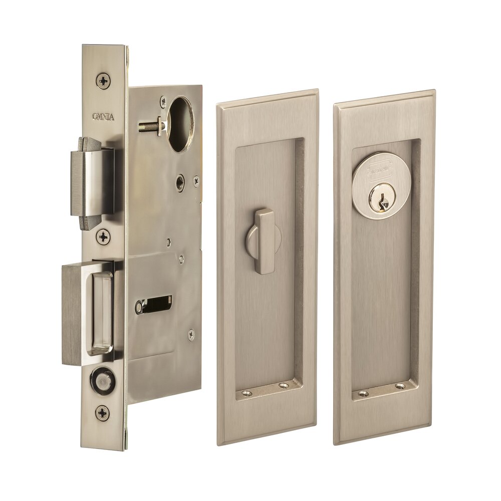 Large Stepped Rectangle Keyed Pocket Door Mortise Lock in Satin Nickel Lacquered
