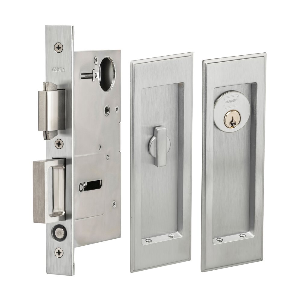 Large Stepped Rectangle Keyed Pocket Door Mortise Lock in Satin Chrome