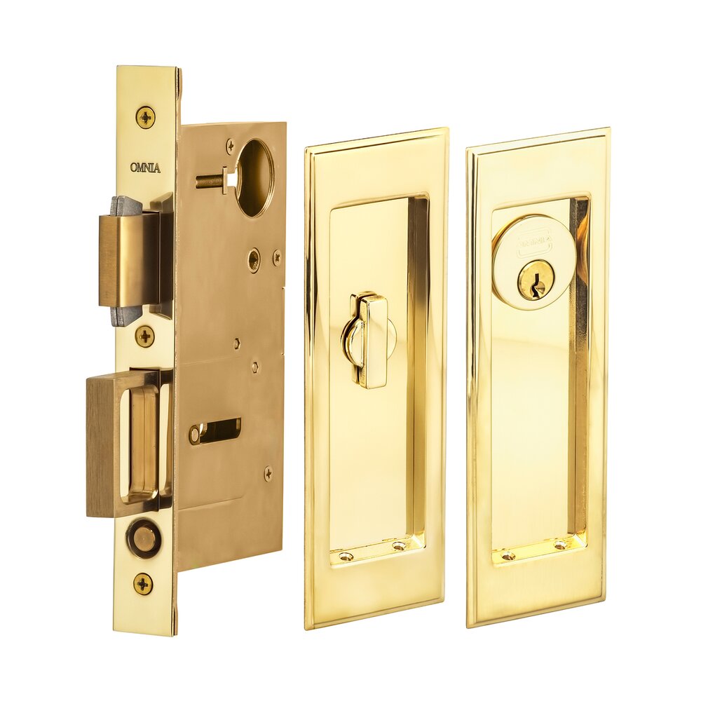 Large Stepped Rectangle Keyed Pocket Door Mortise Lock in Polished Brass Unlacquered