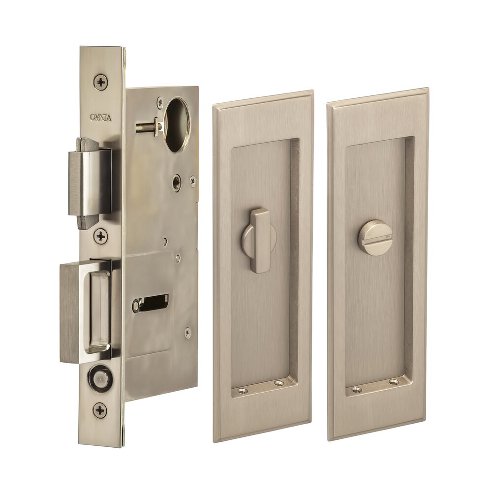 Large Stepped Rectangle Privacy Pocket Door Mortise Lock in Satin Nickel Lacquered
