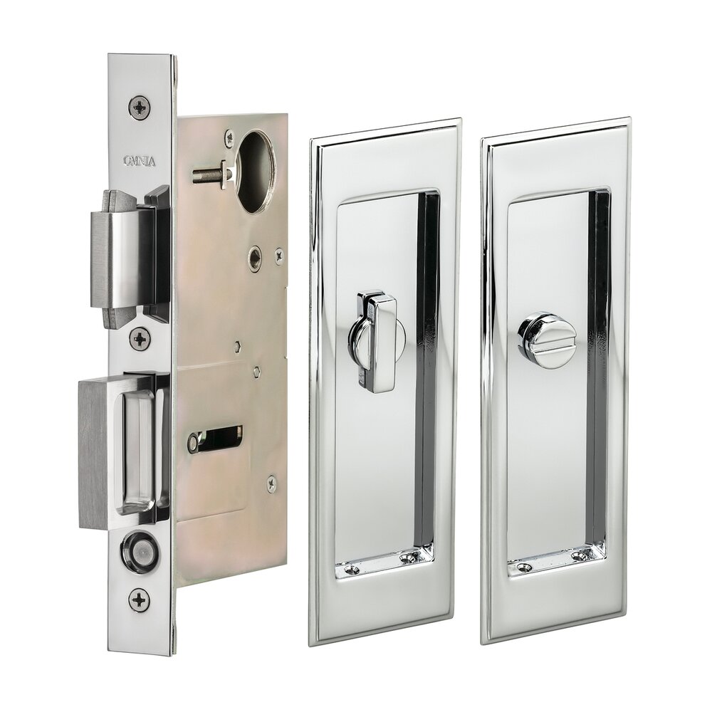 Large Stepped Rectangle Privacy Pocket Door Mortise Lock in Polished Chrome