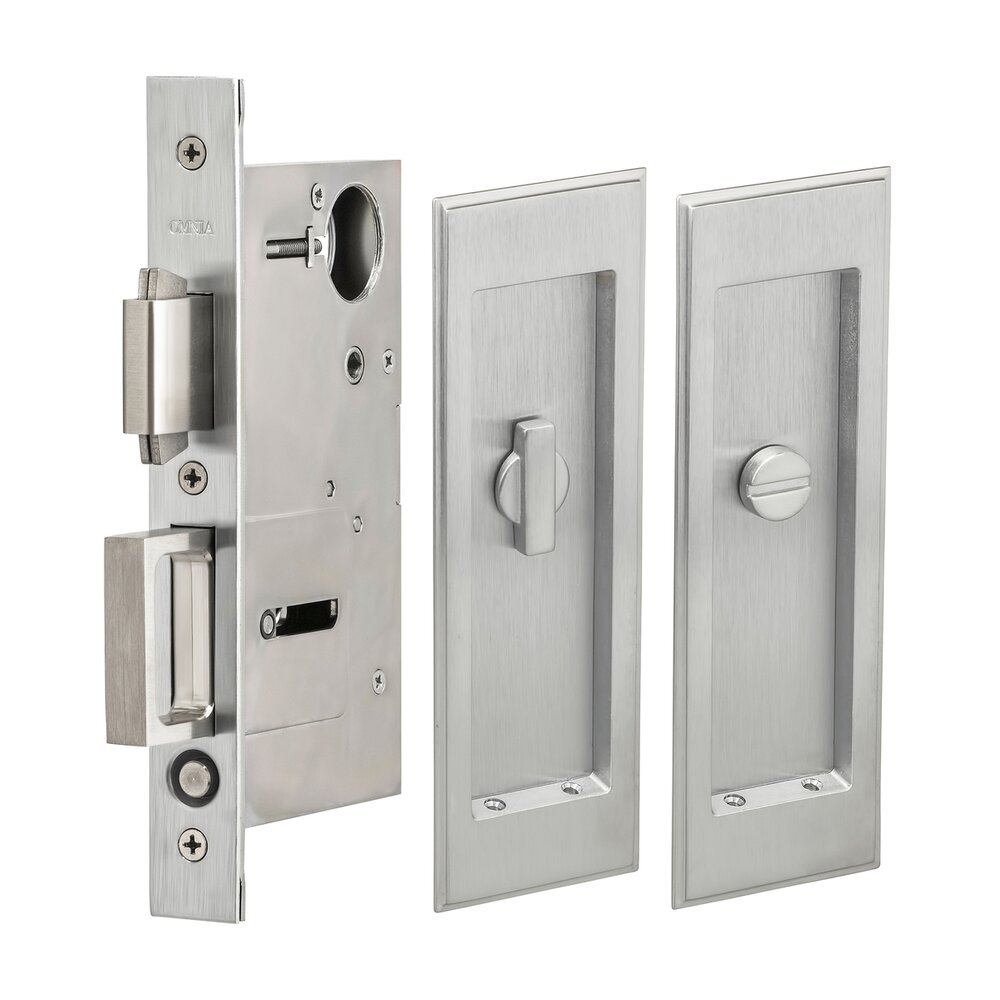 Large Stepped Rectangle Privacy Pocket Door Mortise Lock in Satin Chrome