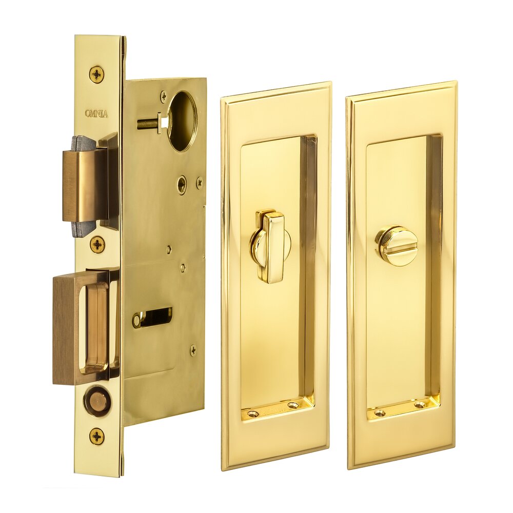 Large Stepped Rectangle Privacy Pocket Door Mortise Lock in Polished Brass Lacquered