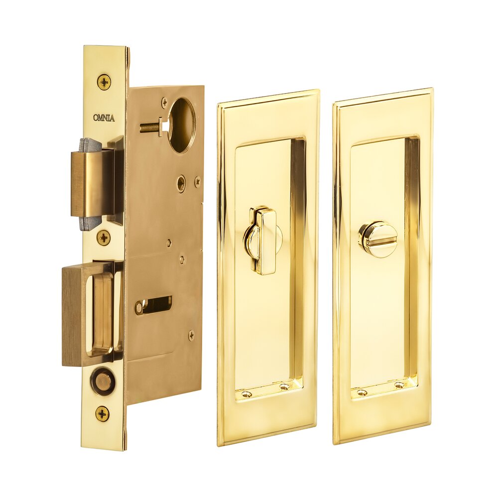 Large Stepped Rectangle Privacy Pocket Door Mortise Lock in Polished Brass Unlacquered