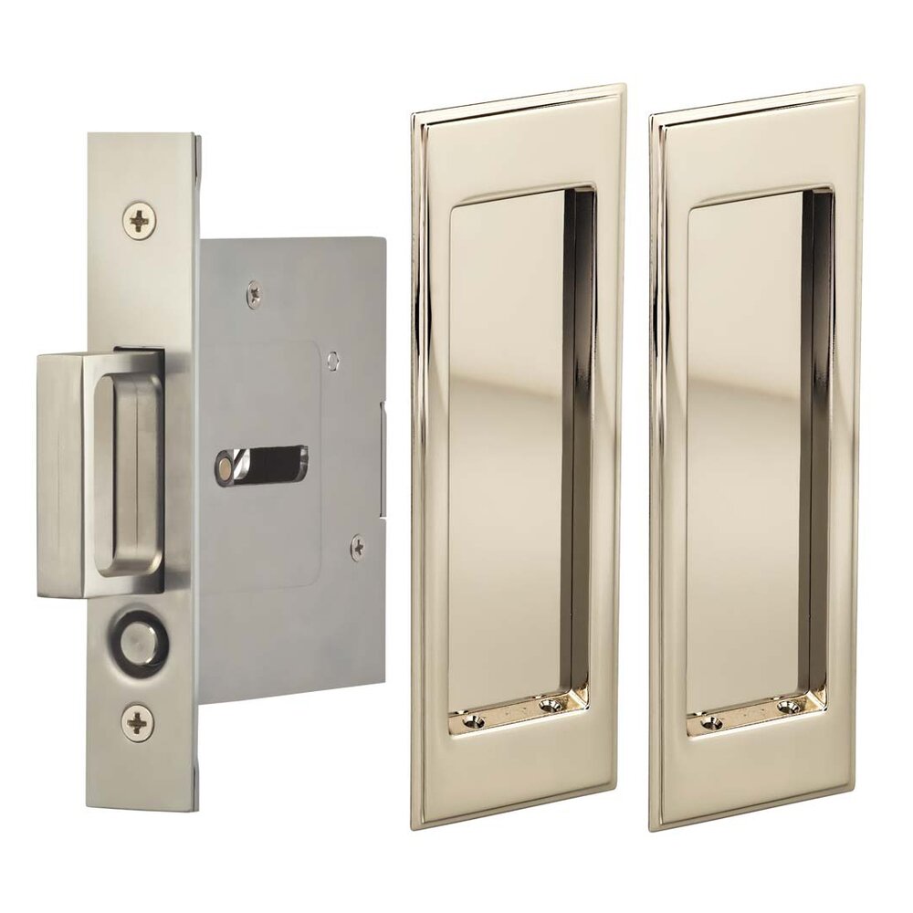 Large Stepped Rectangle Passage Pocket Door Mortise Hardware in Polished Polished Nickel Lacquered