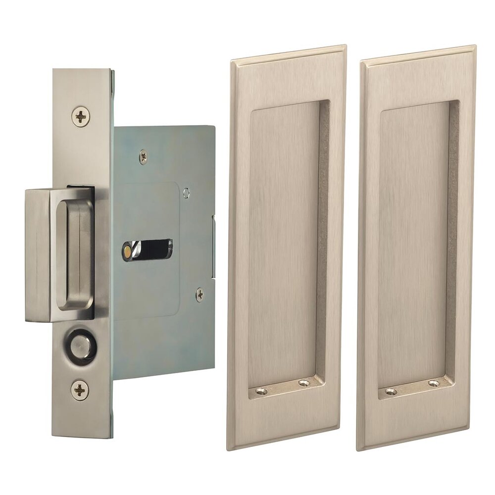 Large Stepped Rectangle Passage Pocket Door Mortise Hardware in Polished Satin Nickel Lacquered