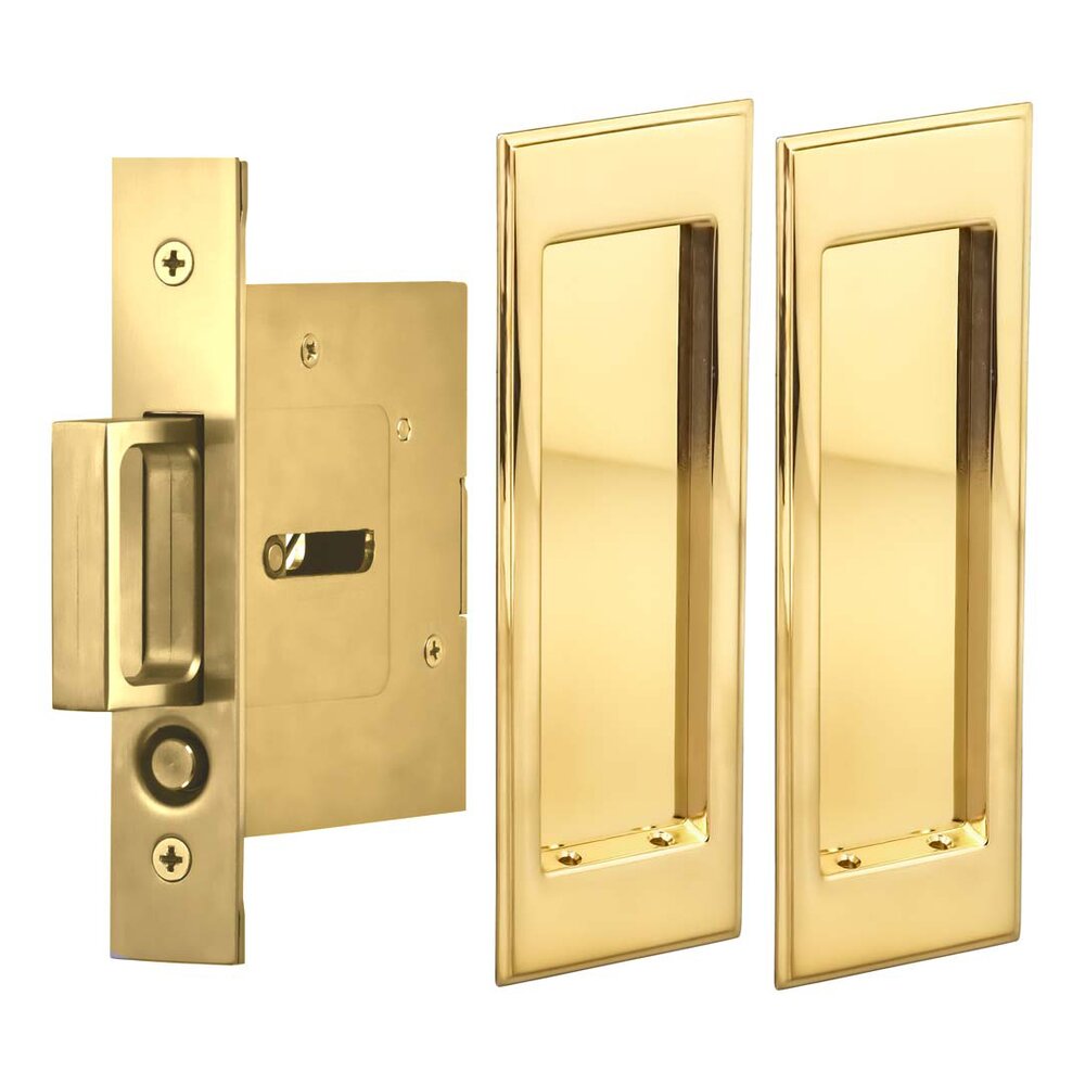 Large Stepped Rectangle Passage Pocket Door Mortise Hardware in Polished Brass Unlacquered