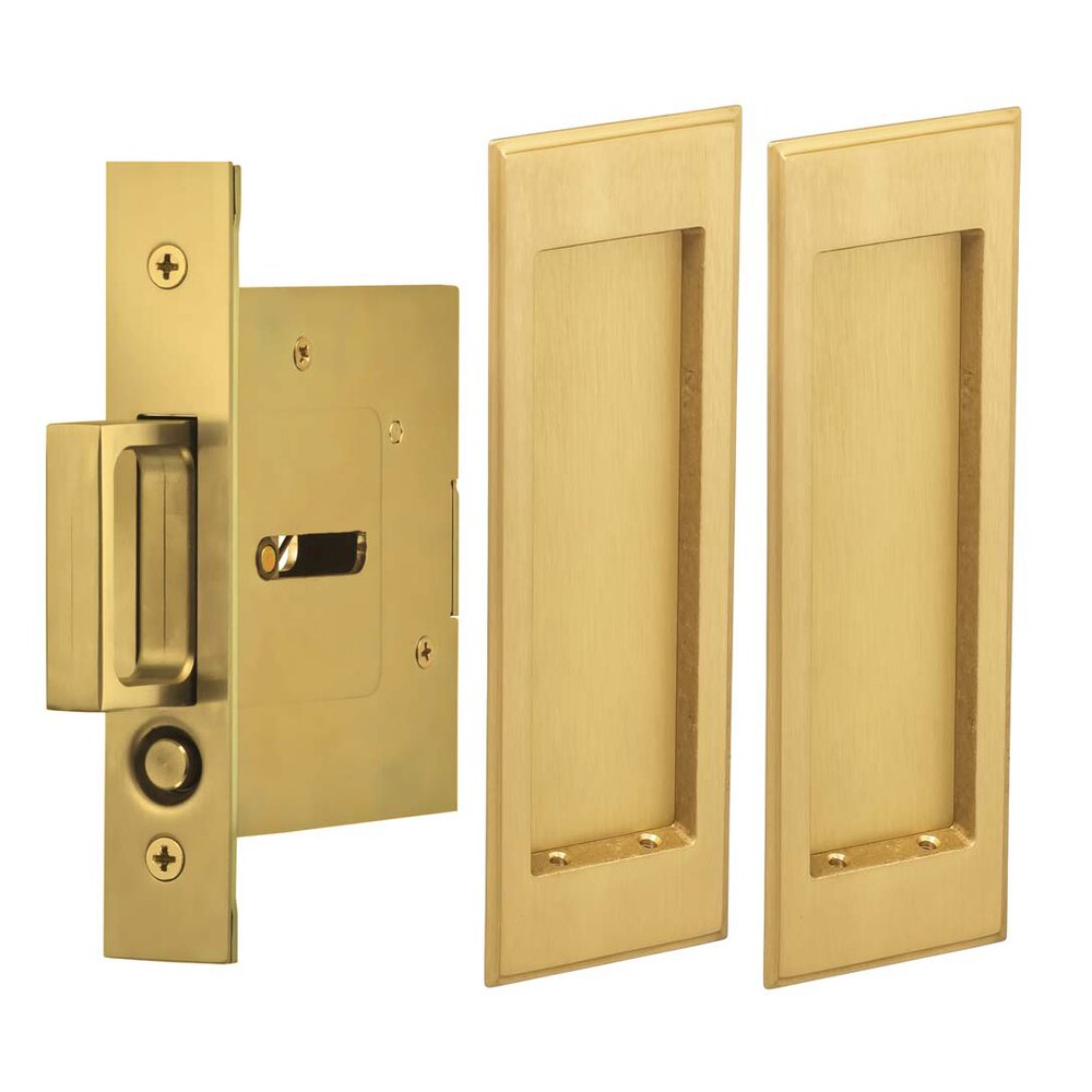 Large Stepped Rectangle Passage Pocket Door Mortise Hardware in Satin Brass Lacquered