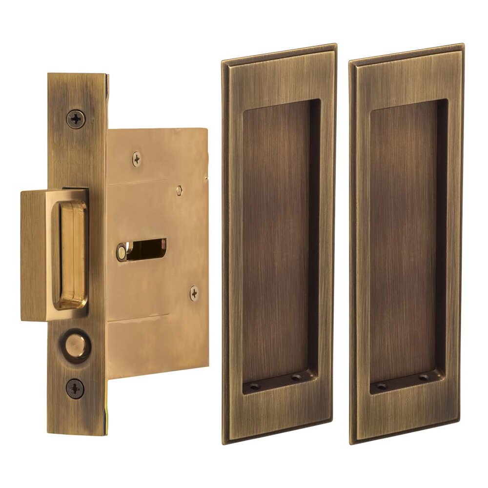 Large Stepped Rectangle Passage Pocket Door Mortise Hardware in Antique Brass Lacquered