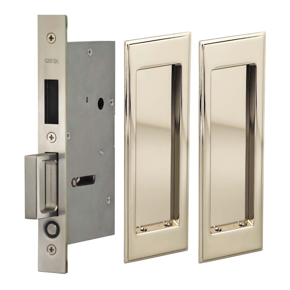 Large Stepped Rectangle Dummy Pair Pocket Door Mortise Hardware in Polished Polished Nickel Lacquered
