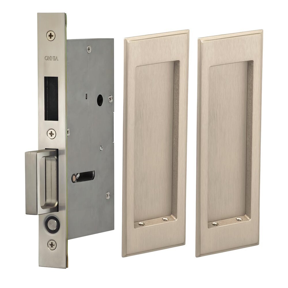 Large Stepped Rectangle Dummy Pair Pocket Door Mortise Hardware in Satin Nickel Lacquered