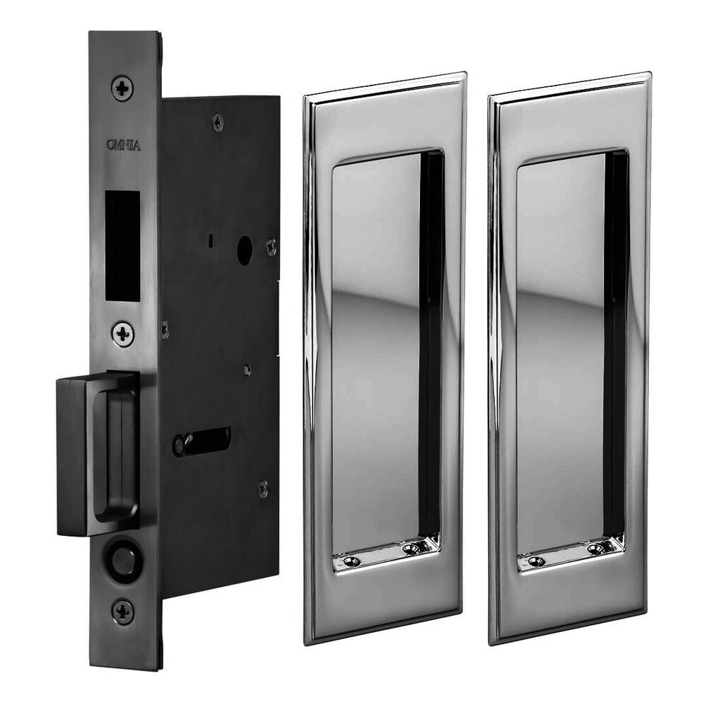 Large Stepped Rectangle Dummy Pair Pocket Door Mortise Hardware in Polished Chrome