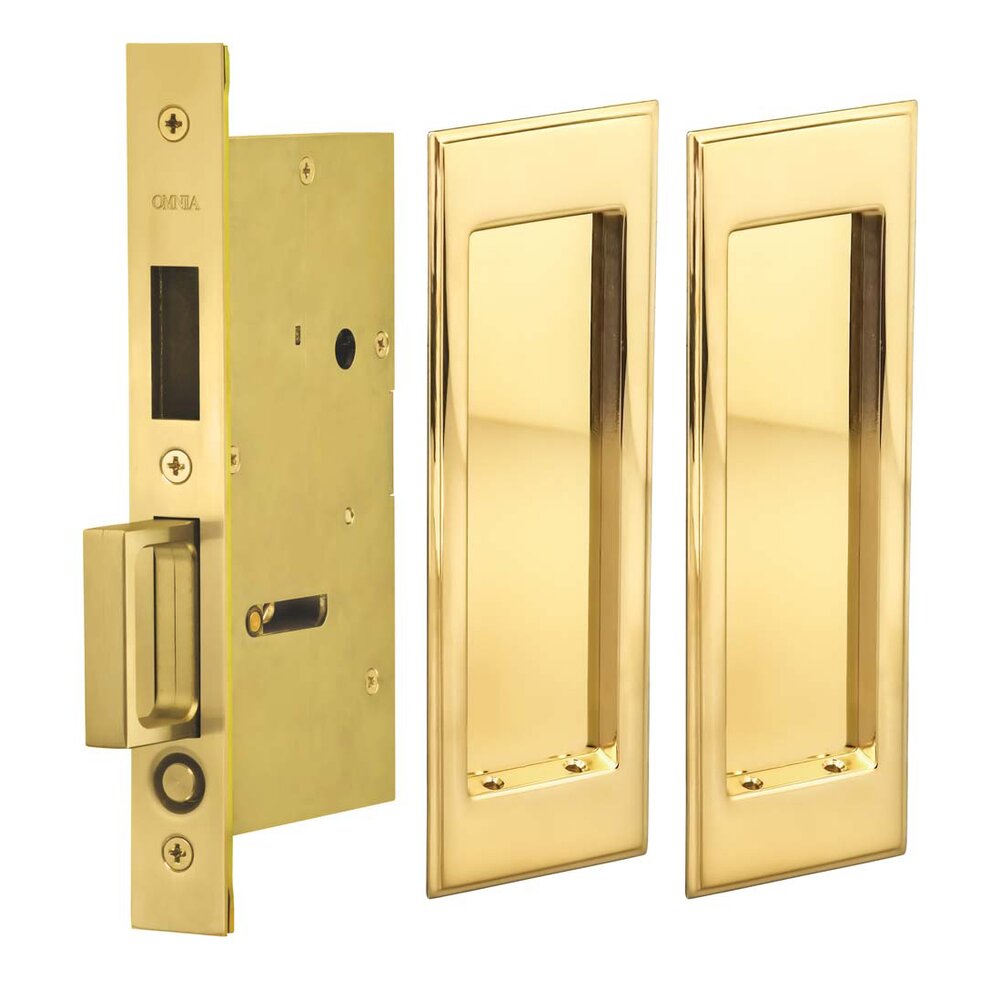 Large Stepped Rectangle Dummy Pair Pocket Door Mortise Hardware in Polished Brass Unlacquered