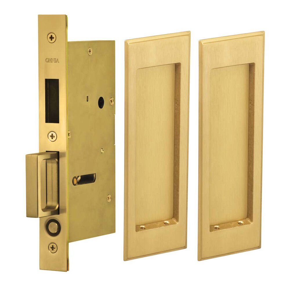 Large Stepped Rectangle Dummy Pair Pocket Door Mortise Hardware in Satin Brass Lacquered