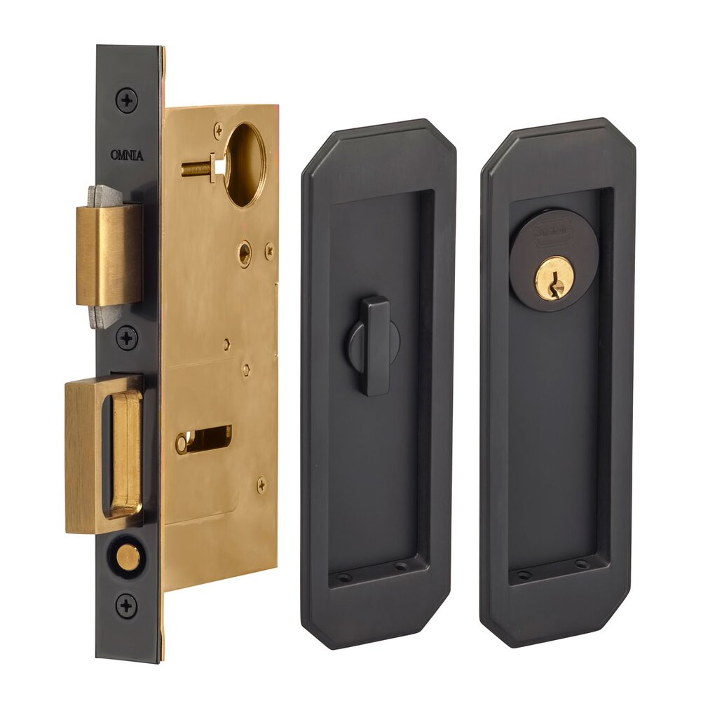 Large Traditional Rectangle Keyed Pocket Door Mortise Lock in Oil Rubbed Bronze Lacquered