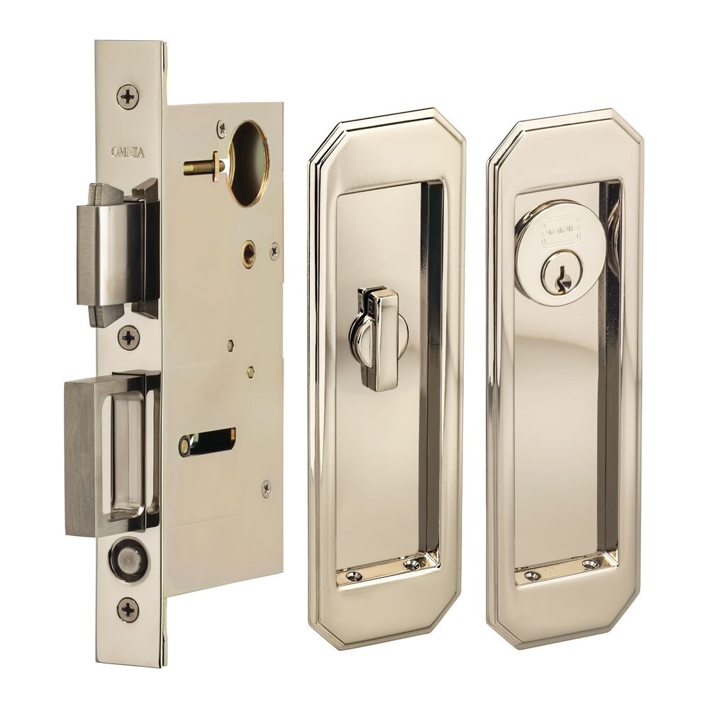 Large Traditional Rectangle Keyed Pocket Door Mortise Lock in Polished Polished Nickel Lacquered
