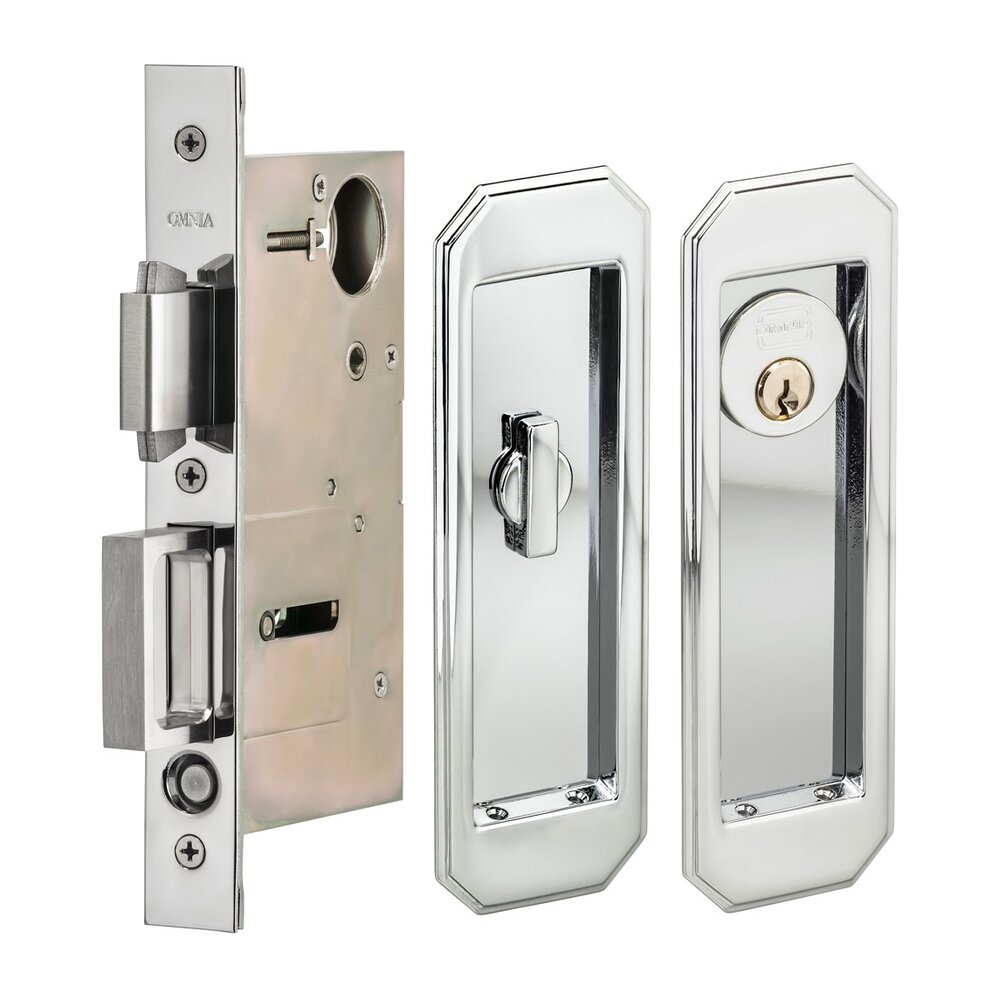 Large Traditional Rectangle Keyed Pocket Door Mortise Lock in Polished Chrome
