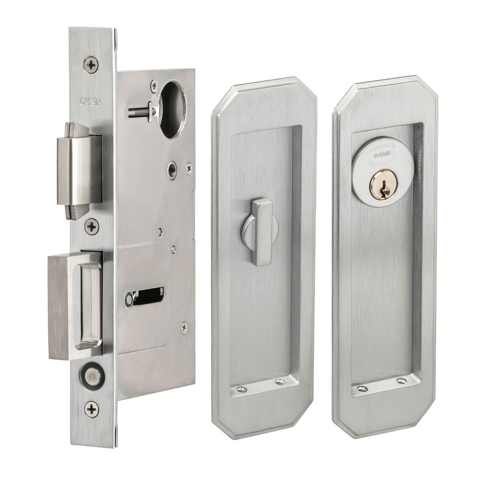 Large Traditional Rectangle Keyed Pocket Door Mortise Lock in Satin Chrome