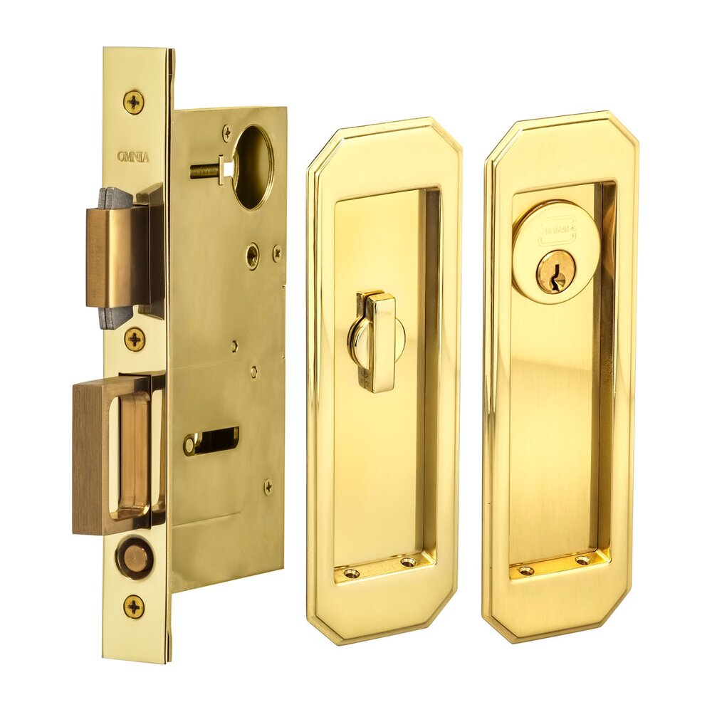 Large Traditional Rectangle Keyed Pocket Door Mortise Lock in Polished Brass Lacquered