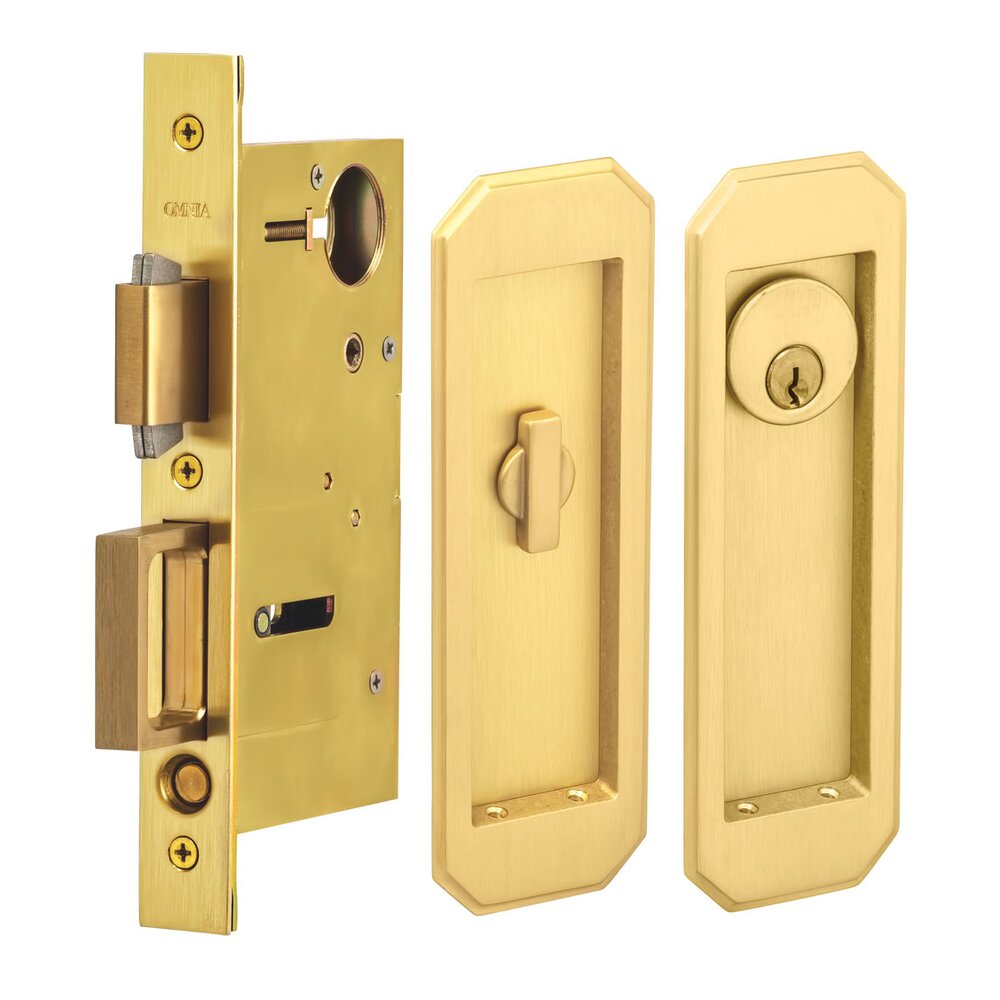 Large Traditional Rectangle Keyed Pocket Door Mortise Lock in Satin Brass Lacquered
