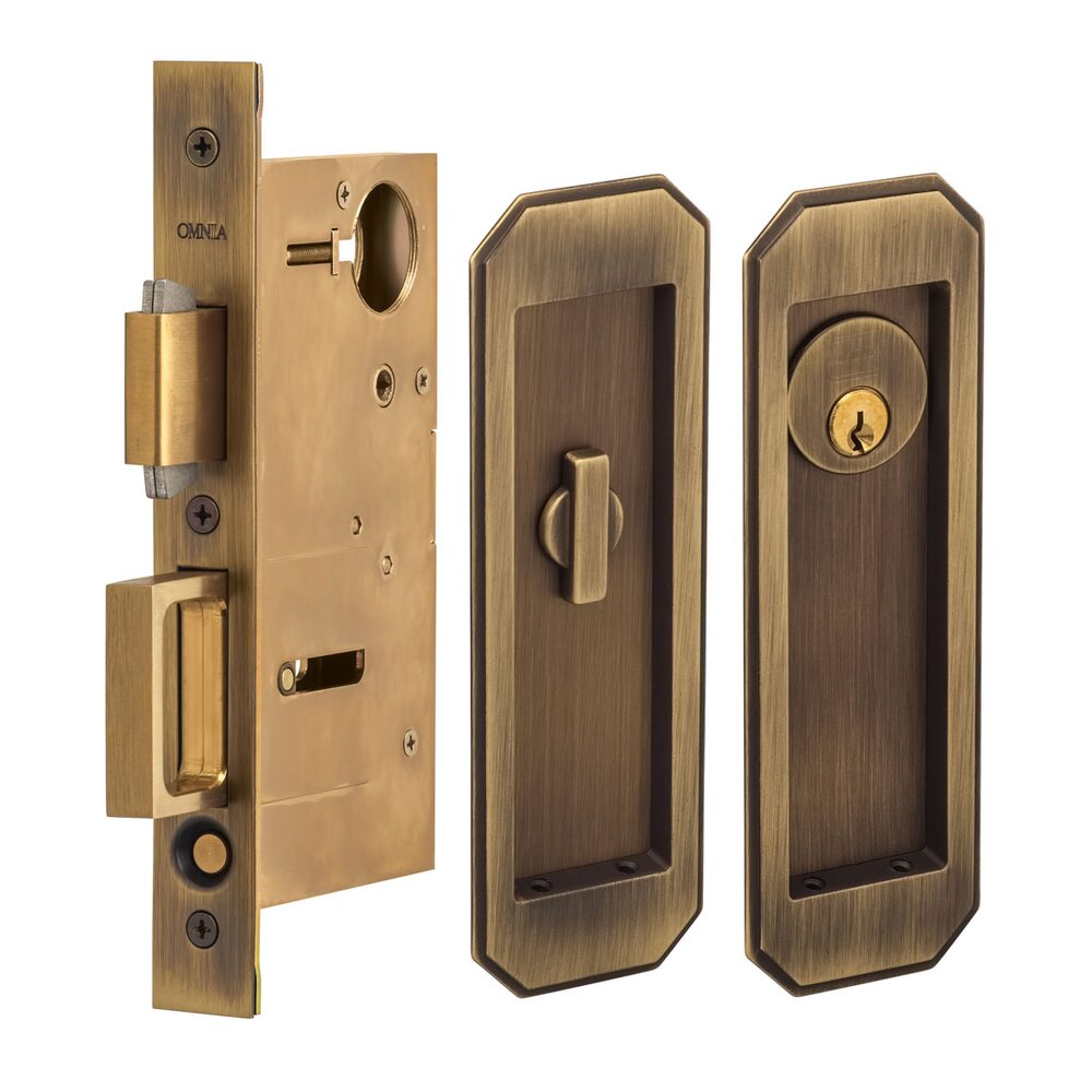 Large Traditional Rectangle Keyed Pocket Door Mortise Lock in Antique Brass Lacquered