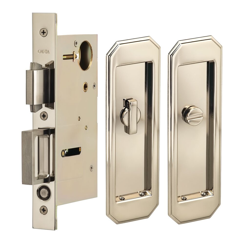 Large Traditional Rectangle Privacy Pocket Door Mortise Lock in Polished Polished Nickel Lacquered