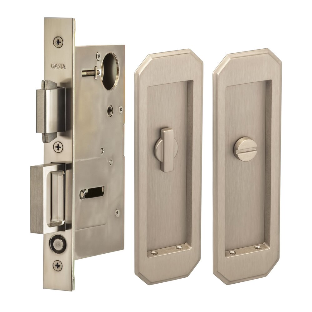 Large Traditional Rectangle Privacy Pocket Door Mortise Lock in Satin Nickel Lacquered