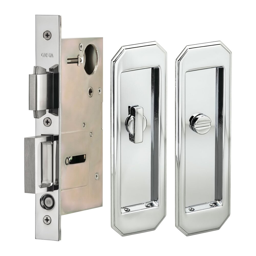 Large Traditional Rectangle Privacy Pocket Door Mortise Lock in Polished Chrome
