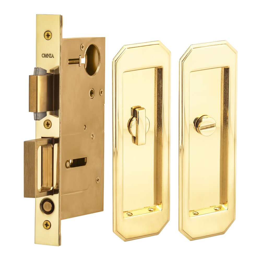 Large Traditional Rectangle Privacy Pocket Door Mortise Lock in Polished Brass Lacquered