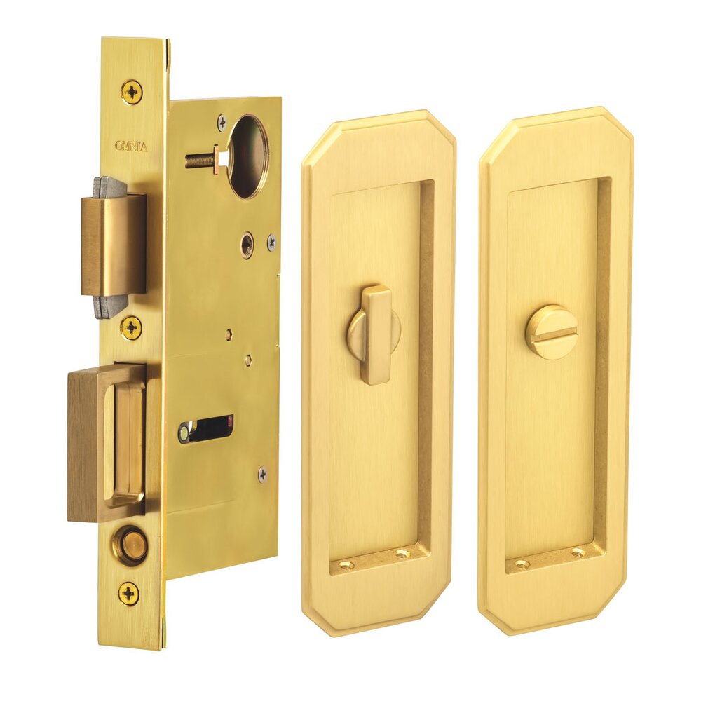 Large Traditional Rectangle Privacy Pocket Door Mortise Lock in Satin Brass Lacquered