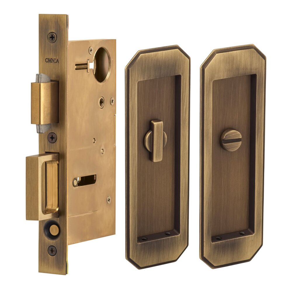 Large Traditional Rectangle Privacy Pocket Door Mortise Lock in Antique Brass Lacquered