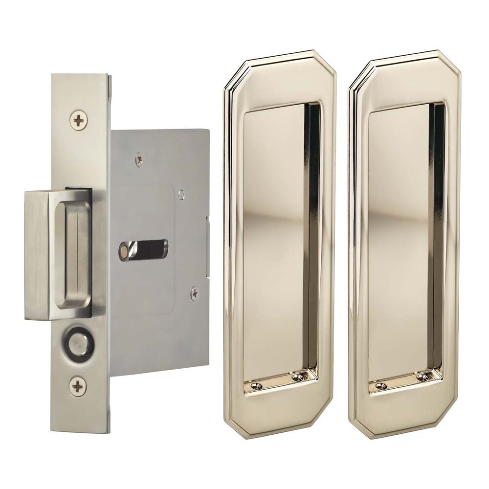 Large Traditional Rectangle Passage Pocket Door Mortise Hardware in Polished Polished Nickel Lacquered