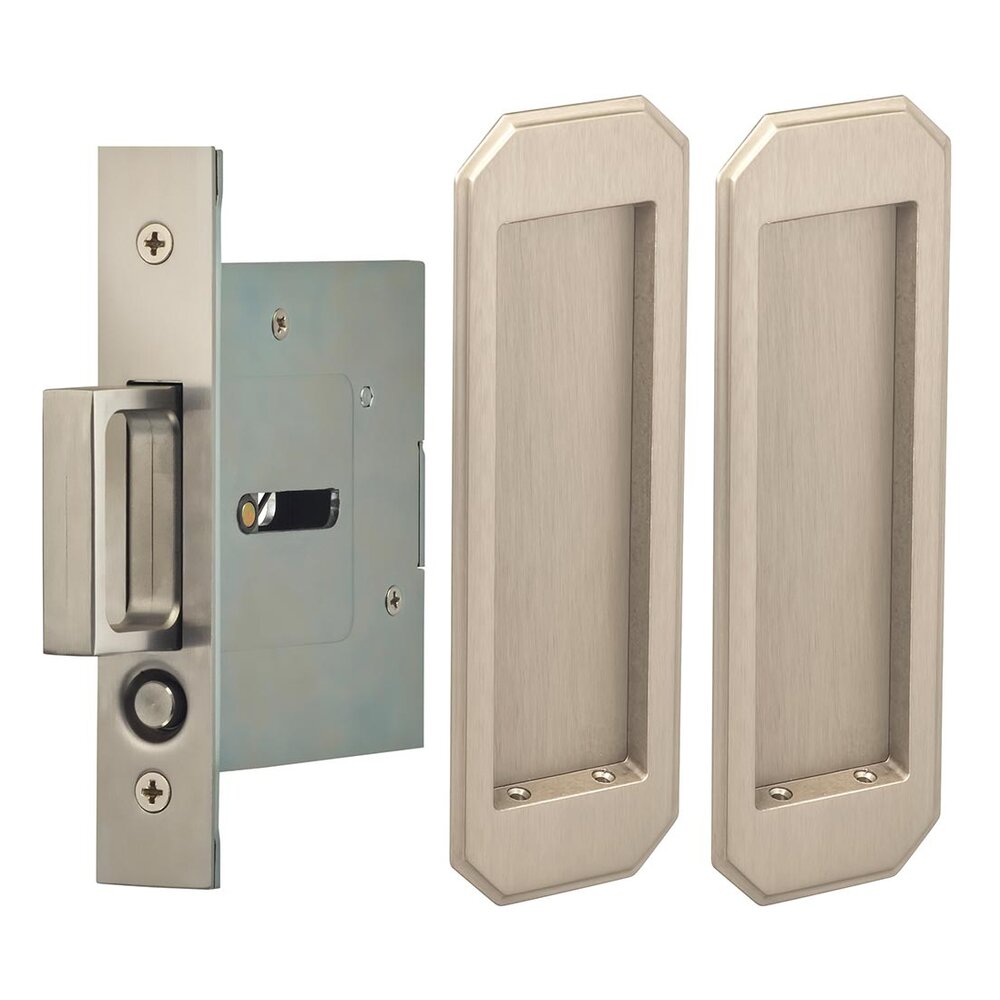 Large Traditional Rectangle Passage Pocket Door Mortise Hardware in Satin Nickel Lacquered