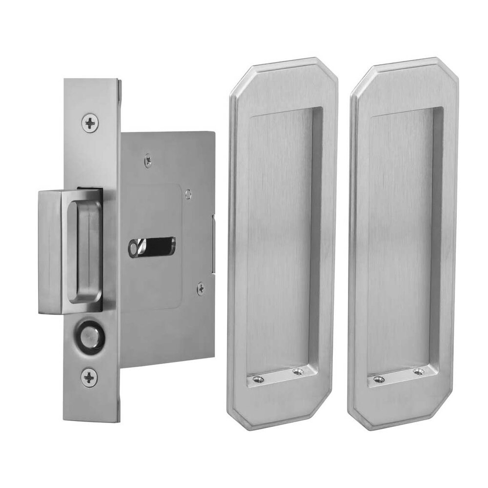Large Traditional Rectangle Passage Pocket Door Mortise Hardware in Satin Chrome