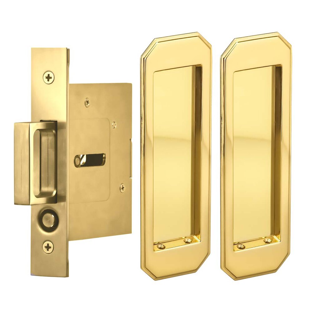 Large Traditional Rectangle Passage Pocket Door Mortise Hardware in Polished Brass Lacquered