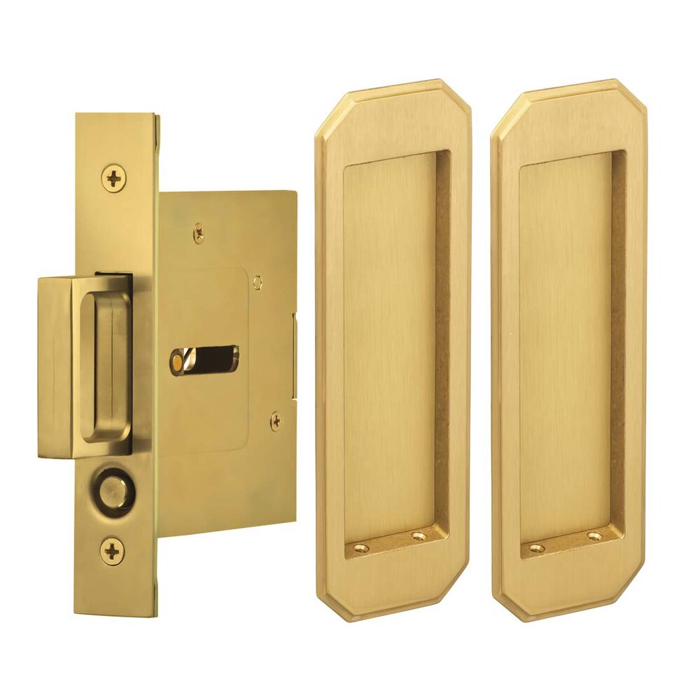 Large Traditional Rectangle Passage Pocket Door Mortise Hardware in Satin Brass Lacquered