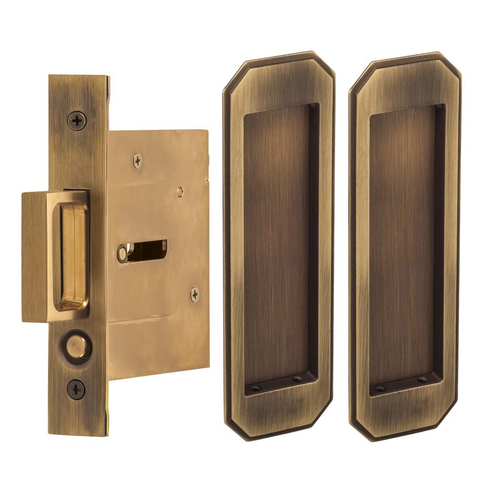 Large Traditional Rectangle Passage Pocket Door Mortise Hardware in Antique Brass Lacquered