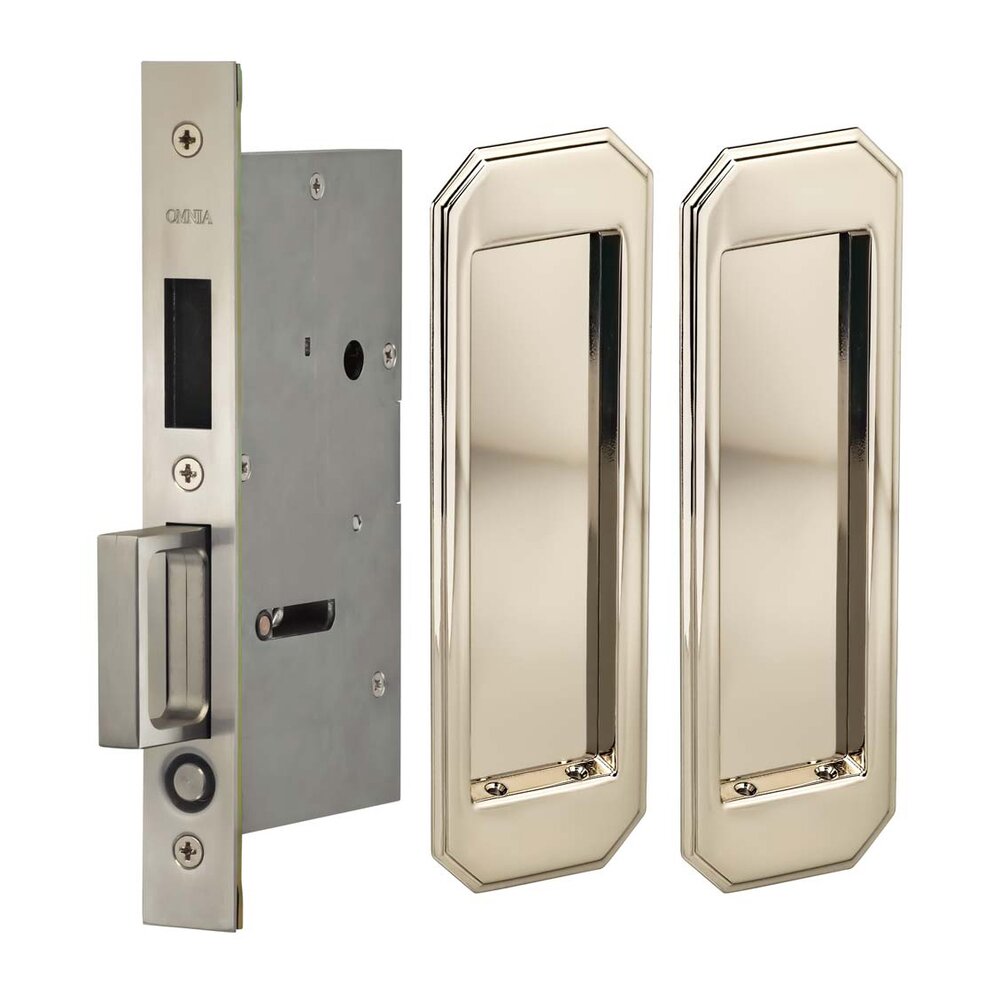 Large Traditional Rectangle Dummy Pair Pocket Door Mortise Hardware in Polished Polished Nickel Lacquered
