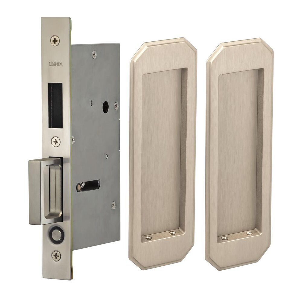Large Traditional Rectangle Dummy Pair Pocket Door Mortise Hardware in Satin Nickel Lacquered