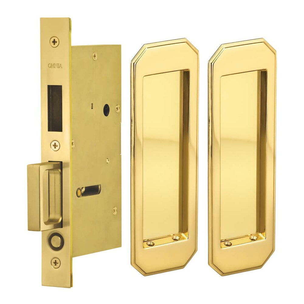Large Traditional Rectangle Dummy Pair Pocket Door Mortise Hardware in Polished Brass Lacquered