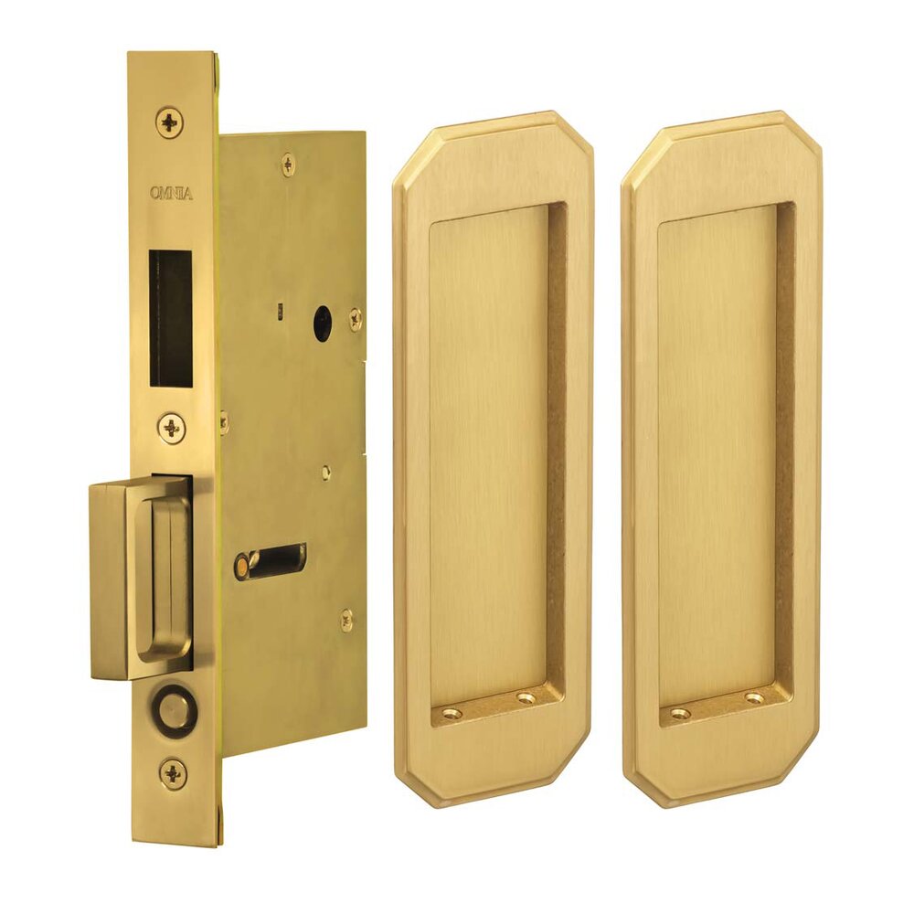 Large Traditional Rectangle Dummy Pair Pocket Door Mortise Hardware in Satin Brass Lacquered