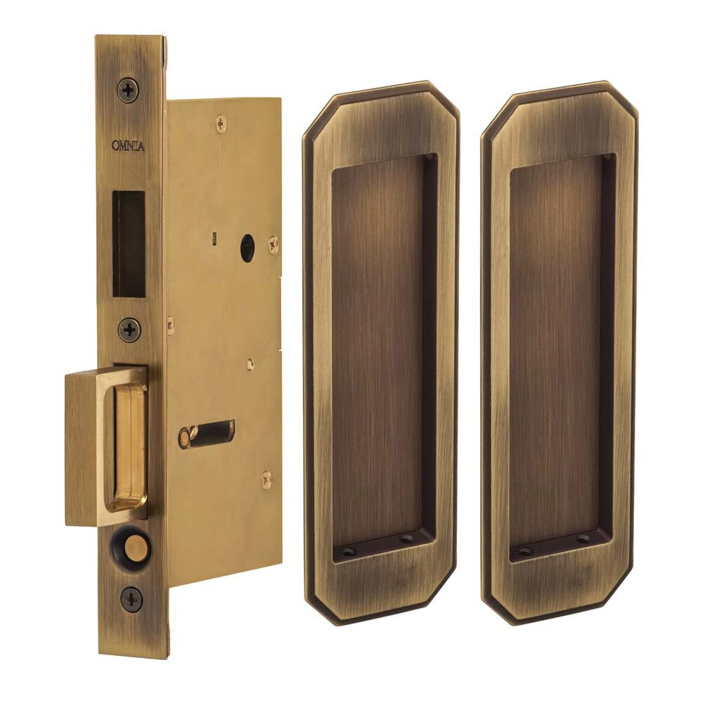 Large Traditional Rectangle Dummy Pair Pocket Door Mortise Hardware in Antique Brass Lacquered