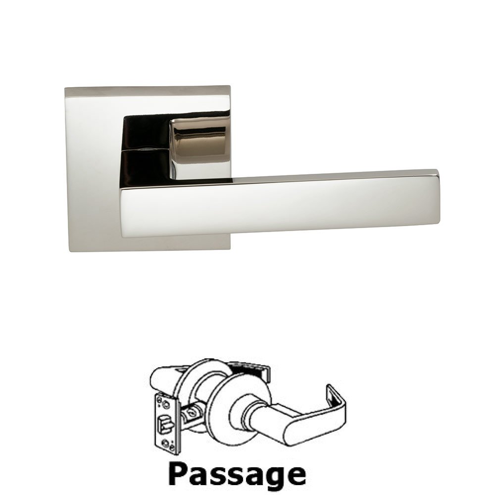 Passage Square Lever with Square Rose in Polished Nickel Lacquered Plated, Lacquered