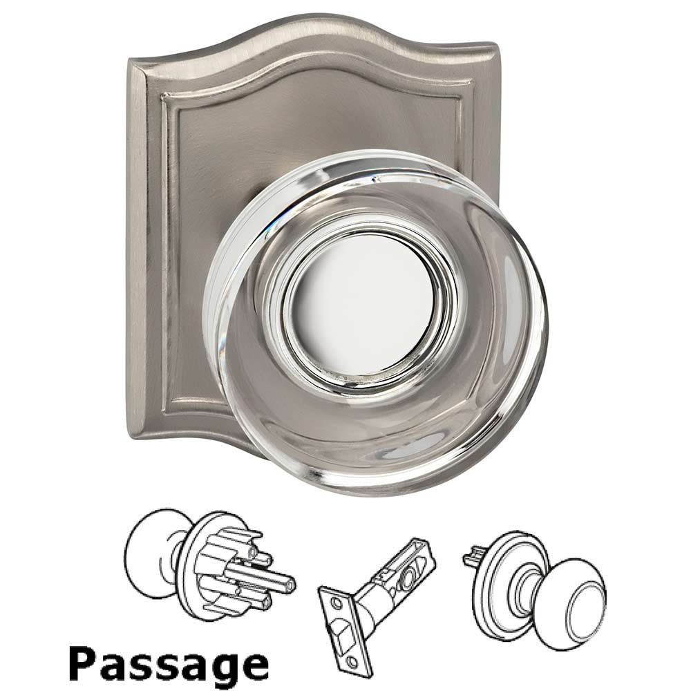 Passage Puck Glass Knob With Arched Rose in Satin Nickel Lacquered