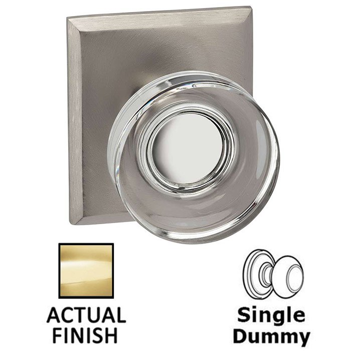 Single Dummy Puck Glass Knob With Rectangular Rose in Polished Brass Lacquered